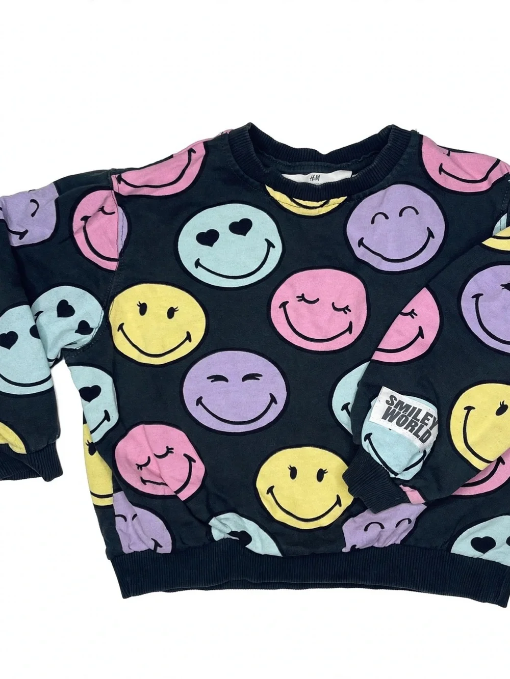 H&M Black Sweatshirt with Pastel Multicolor Smiley Faces